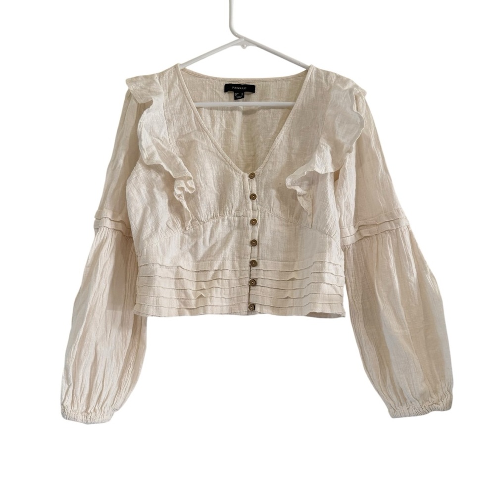 Primark Cream Ruffled Womens Long Sleeve Button-Down Blouse Size 8